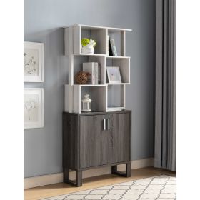 Multi-Level Display Cabinet, Two Door Storage Cabinet with Shelving- White Oak & Distressed Grey