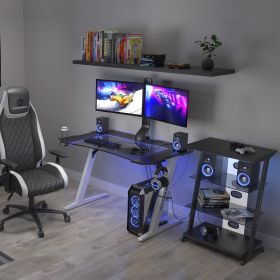 Gaming Desk, Steel Legs, Multicolored LED Lights, Cup Holder, 3 USB Ports, Tempered Glass Accent in White