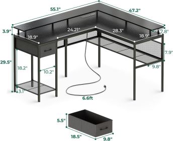 L Shaped Gaming Desk with LED Lights & Power Outlets, Computer Desk with Storage Shelves, Home Office Desk