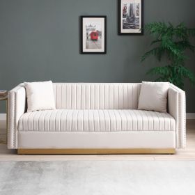 Contemporary Vertical Channel Tufted Velvet Sofa Modern Upholstered Couch for Living Room Apartment with 2 pillows,Beige