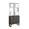 Multi-Level Display Cabinet, Two Door Storage Cabinet with Shelving- White Oak & Distressed Grey