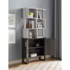 Multi-Level Display Cabinet, Two Door Storage Cabinet with Shelving- White Oak & Distressed Grey