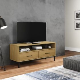 TV Stand with Metal Legs Brown Solid Wood Pine OSLO (Color: Brown)