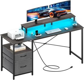 Computer Desk, Office Desk with LED Lights & Power Outlets, Gaming Desk with Fabric File Cabinet, 55.1" Home Office Desks (Color: Grey)