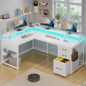 Computer Desks, Gaming Desk with Long Monitor Shelf and Pegboard, Home Office Corner Desk with LED Lights and File Drawer (Color: White)