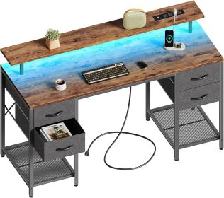 47 inch Computer Desk with 4 Drawers, Gaming Desk with LED Lights & Power Outlets, Home Office Desk with Large Storage Space (Color: Rustic Brown-47 Inch)