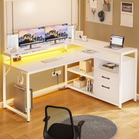 Corner Computer Desk with Drawers, 55" Computer Desk with File Drawer and Storage Shelves, L Shaped Gaming Desk (Color: White-55)