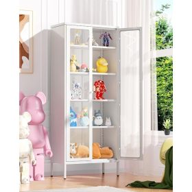 Metal Storage Cabinet, Blue Display Cabinet with Glass Doors and 4 Shelves, Curio Display Cabinet with Glass (Color: White-2 Doors)