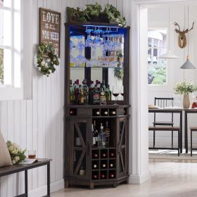 Bar cabinet, 72 "with barn door and adjustable shelf, with LED and glass frame, suitable for living room, kitchen, bar cabinet (Color: Dark Rustic Oak)