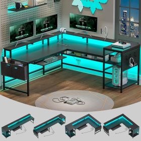 L Shaped Gaming Desk, Reversible Home Office Desk or Corner Desk, Gaming Desk with Power Outlets & LED Strip, Monitor Shel (Color: Black)